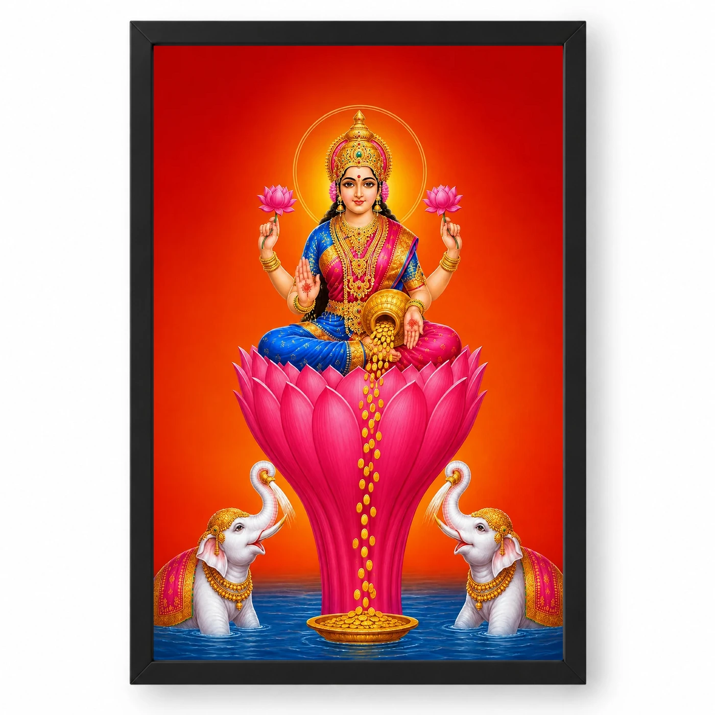 Tall Lotus Varalakshmi Photo Frame – Red Blue Prosperity Art