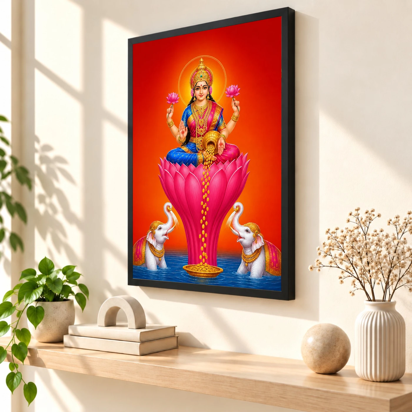 Tall Lotus Varalakshmi Photo Frame – Red Blue Prosperity Art, view 2