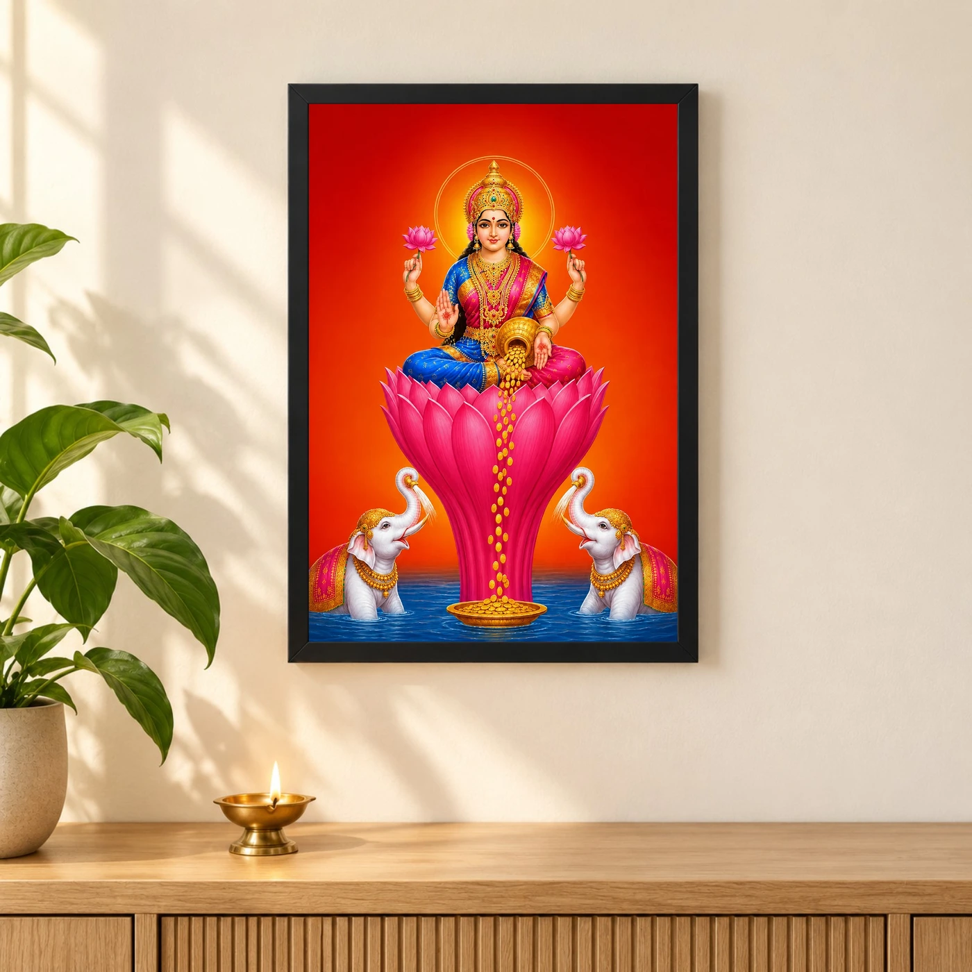 Tall Lotus Varalakshmi Photo Frame – Red Blue Prosperity Art, view 3