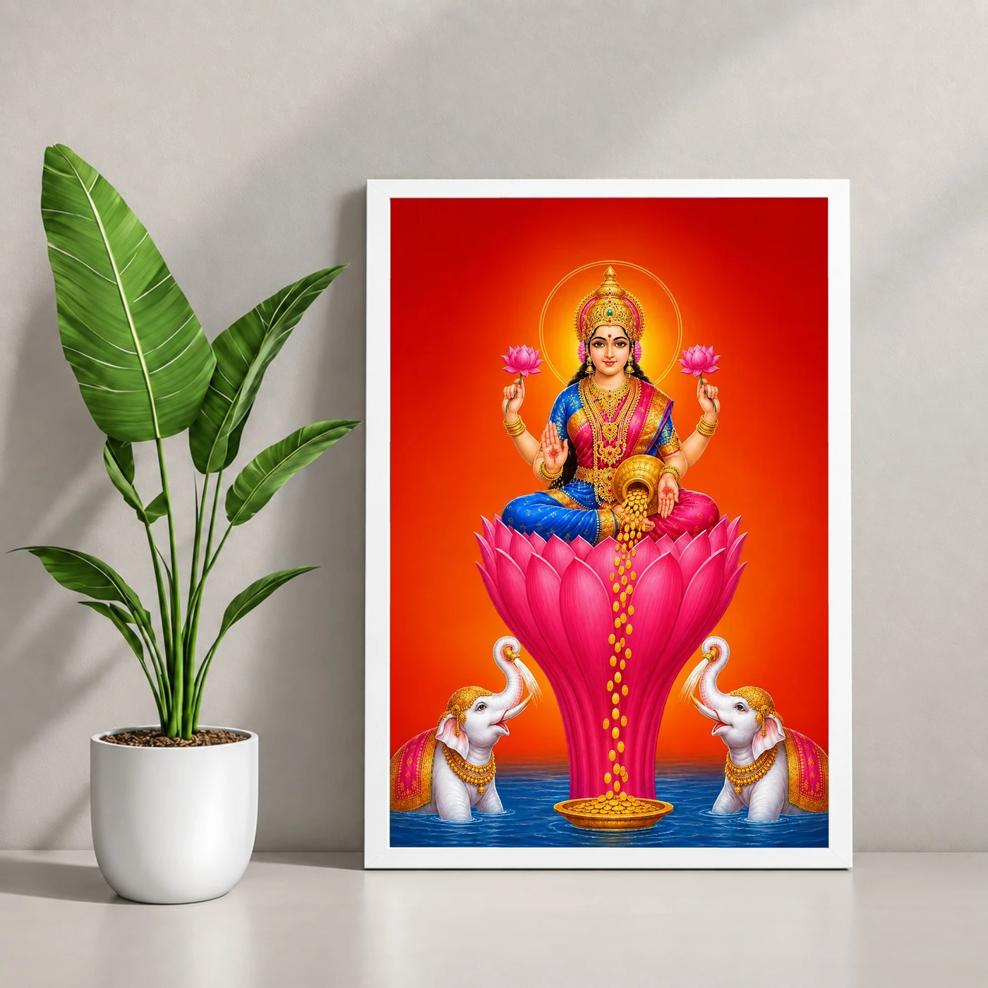 Tall Lotus Varalakshmi Photo Frame – Red Blue Prosperity Art, view 4