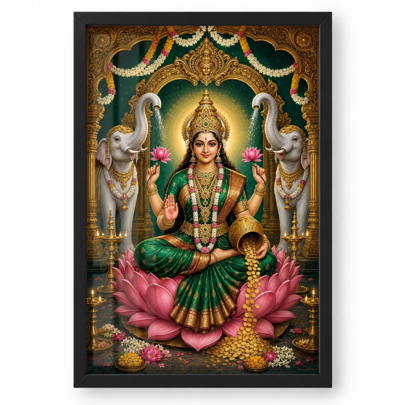 Varalakshmi Photo Frame with Elephants – Royal Emerald Art
