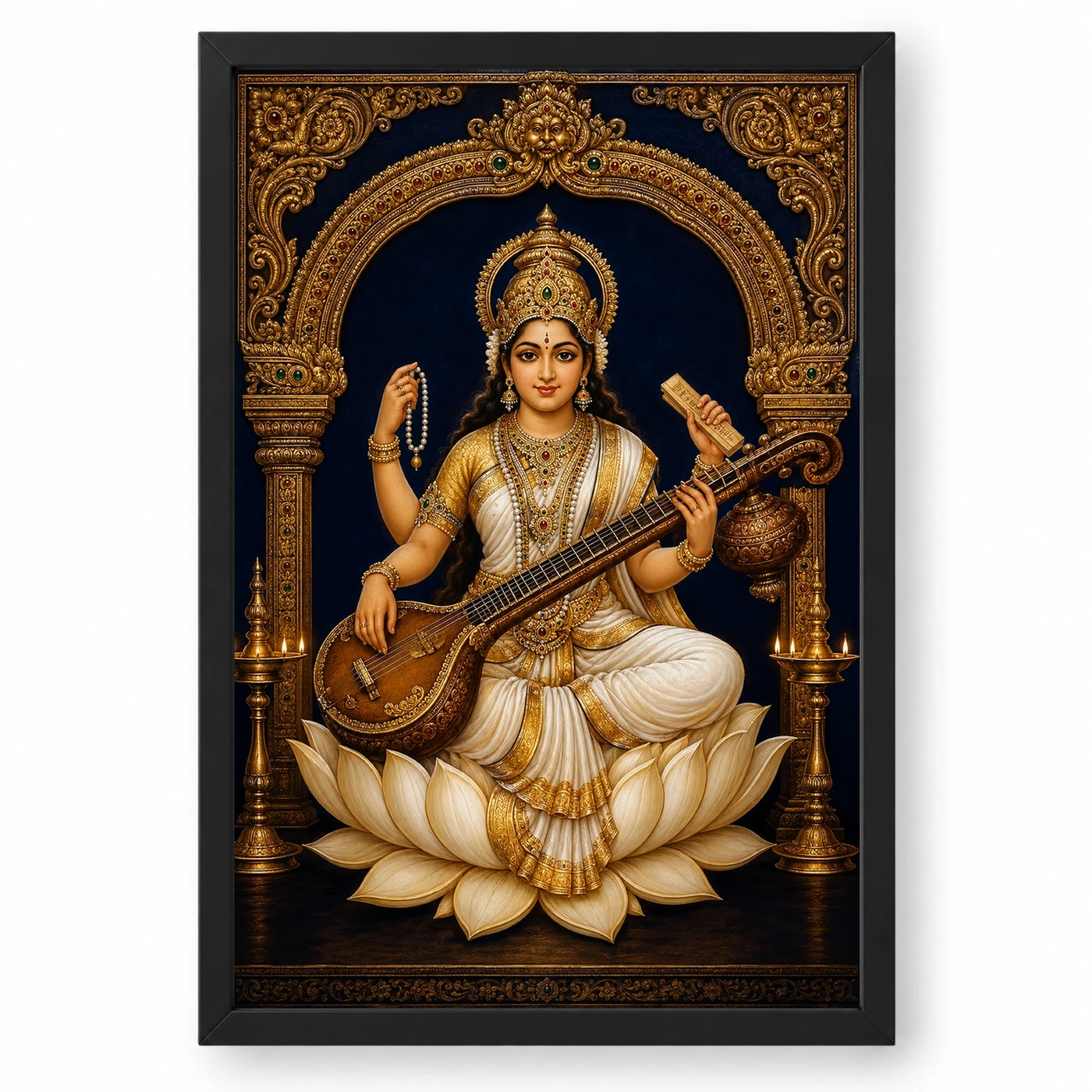 Veena Saraswati — Temple Gold Blessings Frame