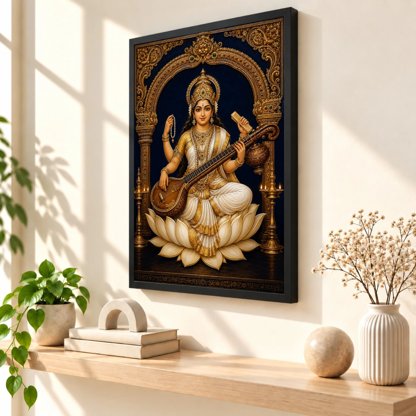Veena Saraswati — Temple Gold Blessings Frame, view 2