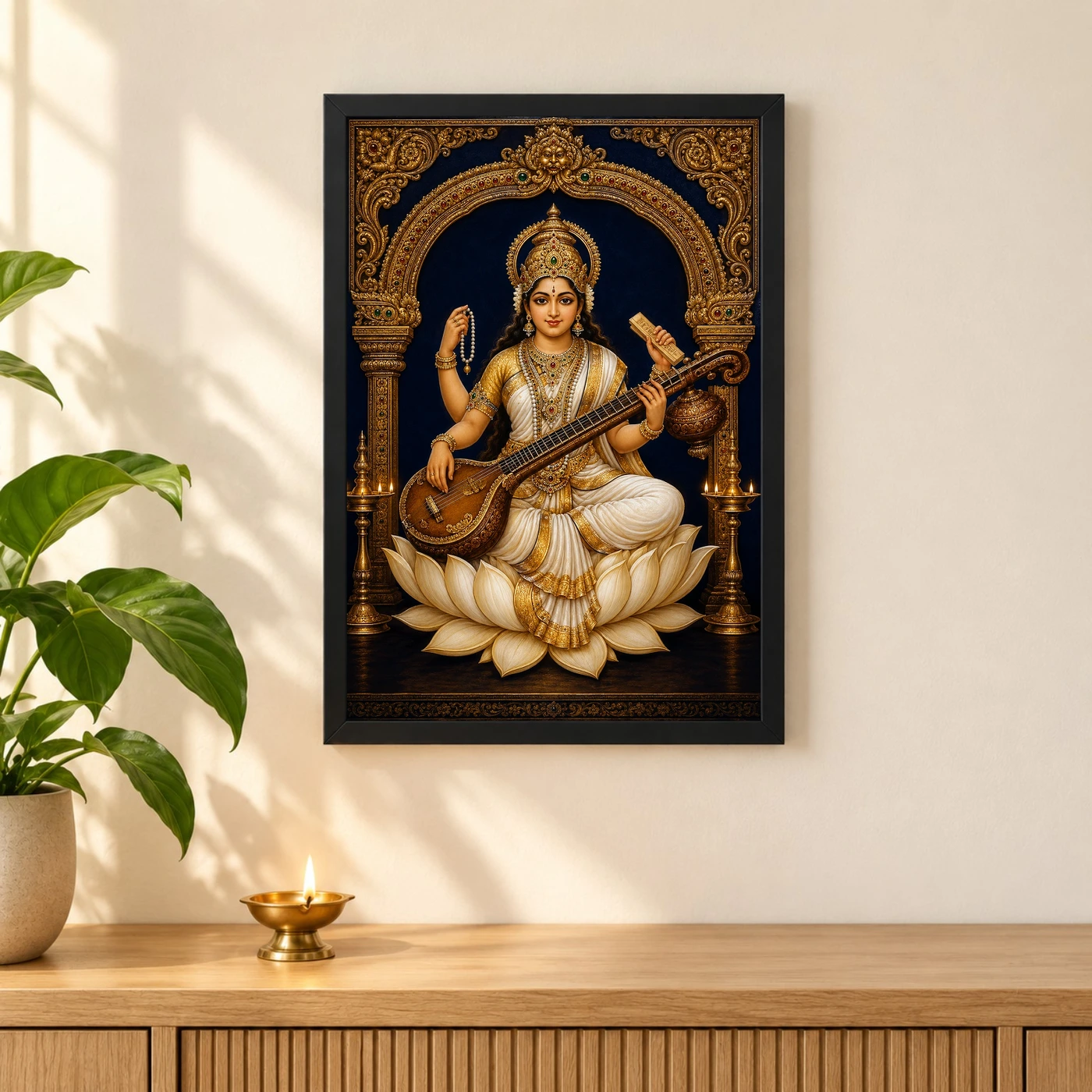 Veena Saraswati — Temple Gold Blessings Frame, view 3