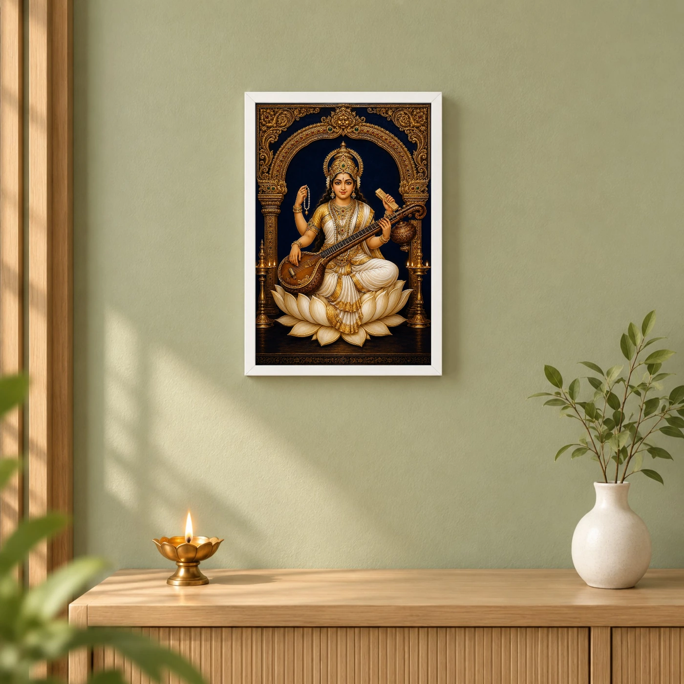 Veena Saraswati — Temple Gold Blessings Frame, view 6