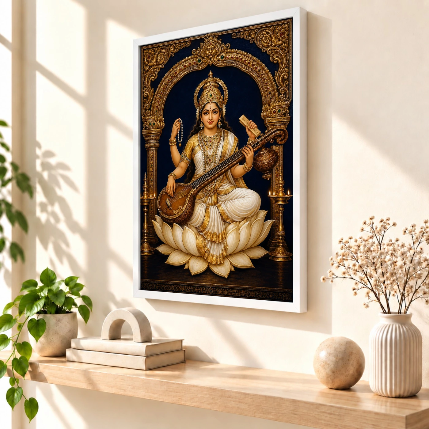 Veena Saraswati — Temple Gold Blessings Frame, view 7