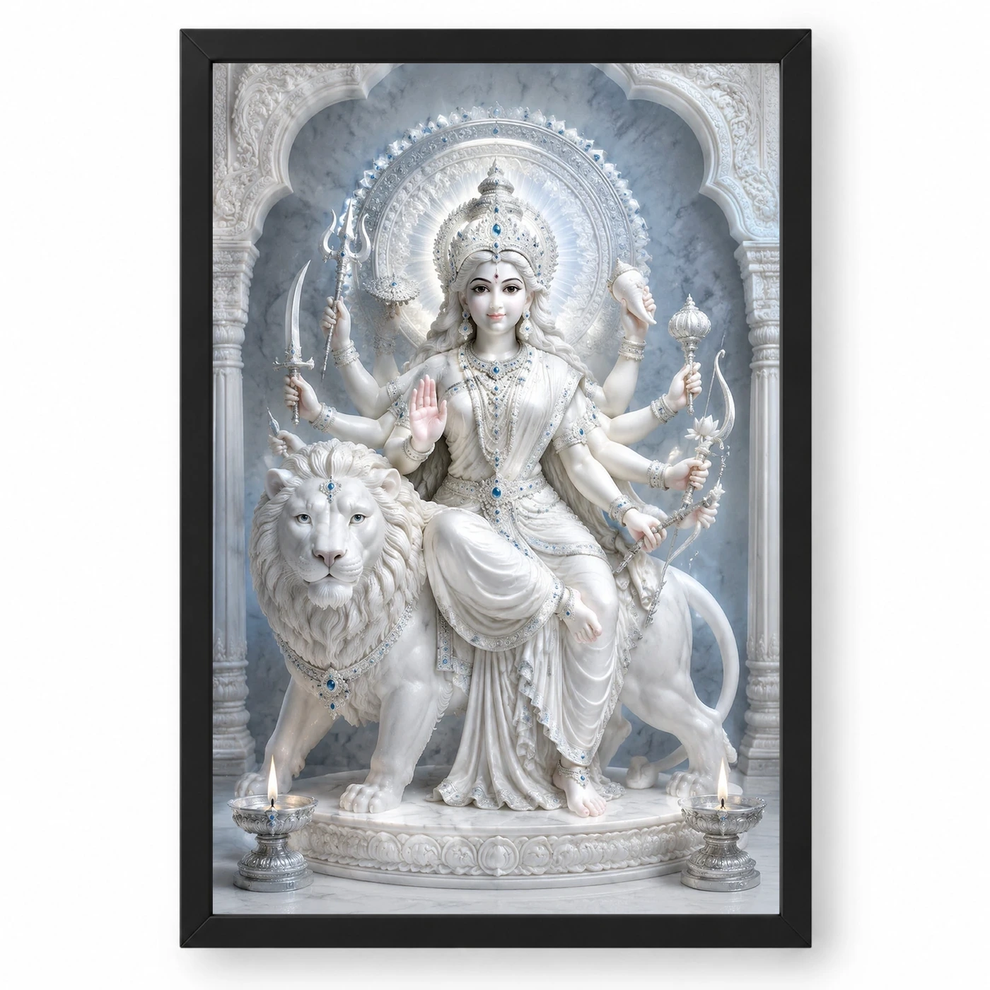 White Marble Durga — Silver Serenity Frame