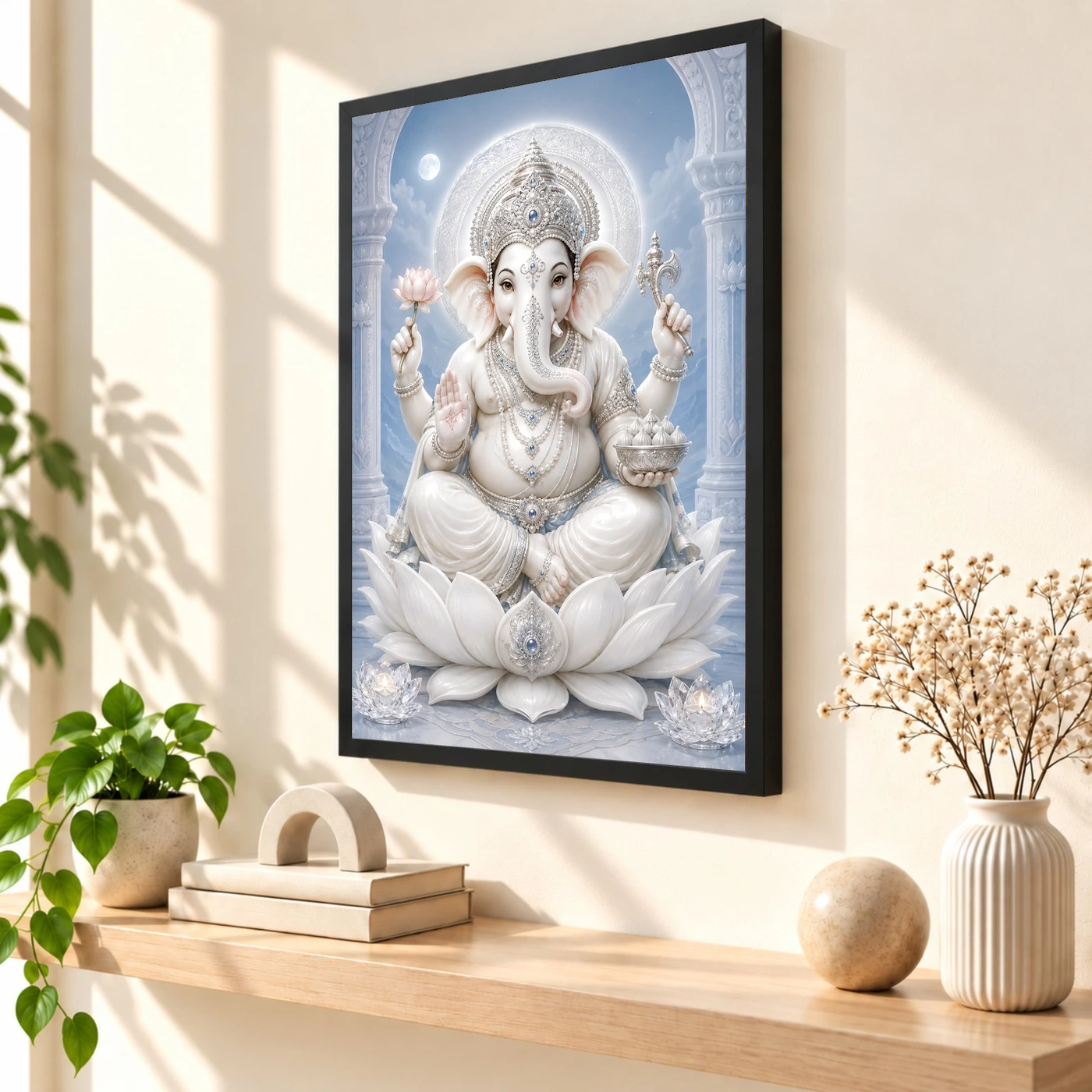 White Marble Ganesha — Silver Serenity Frame, view 2