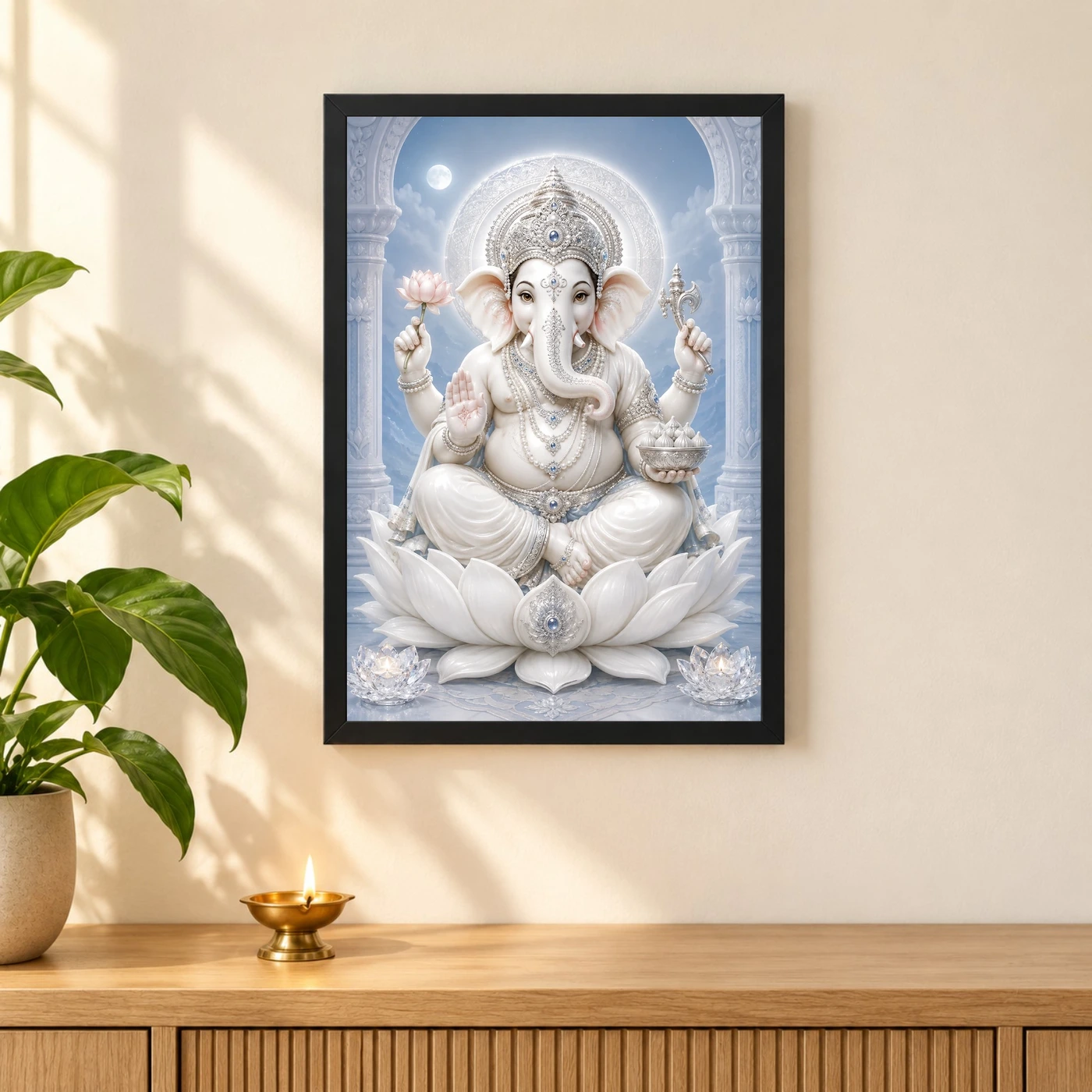 White Marble Ganesha — Silver Serenity Frame, view 3