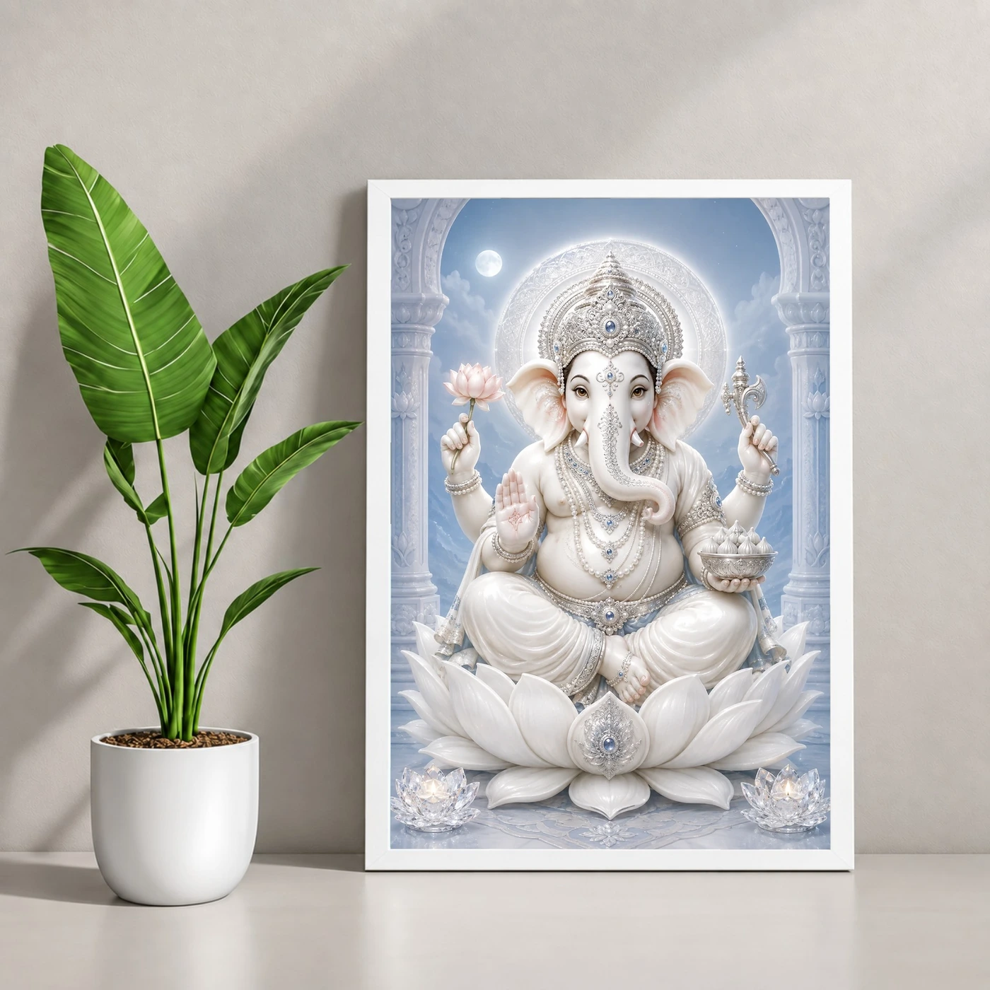 White Marble Ganesha — Silver Serenity Frame, view 4
