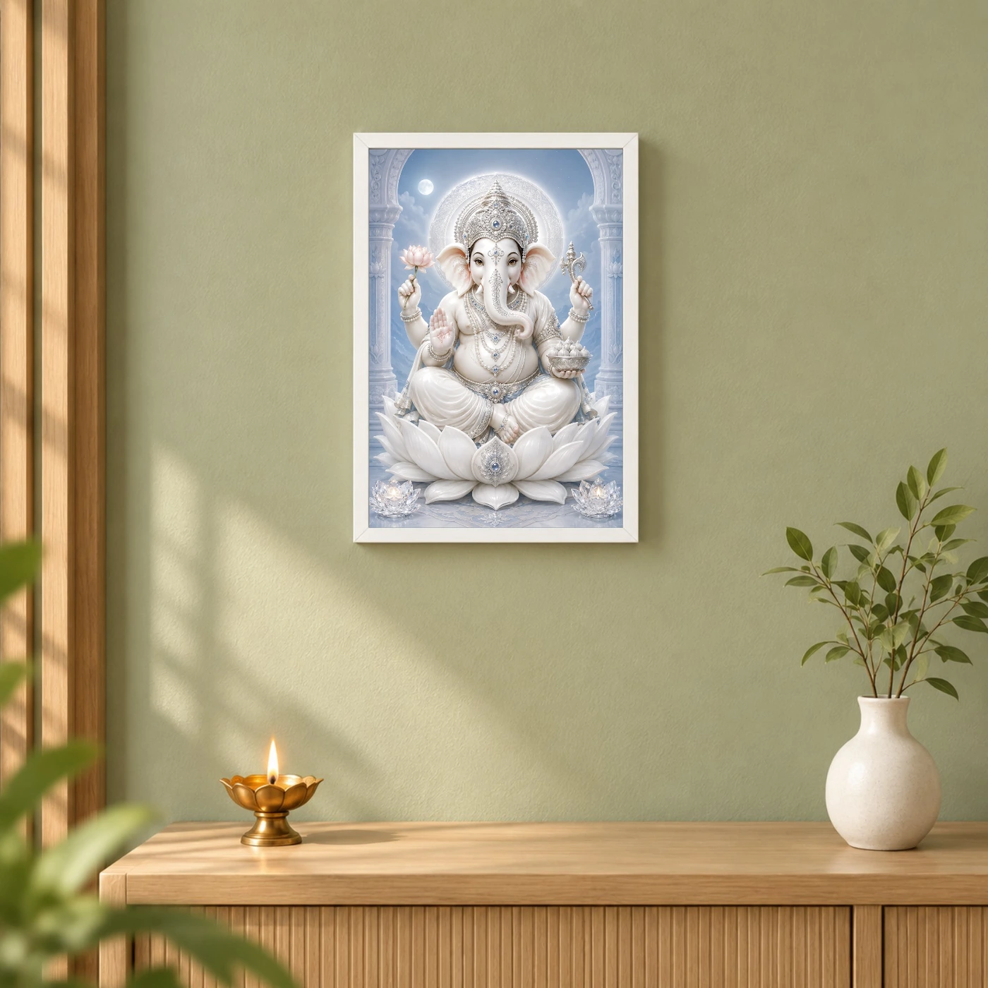 White Marble Ganesha — Silver Serenity Frame, view 6