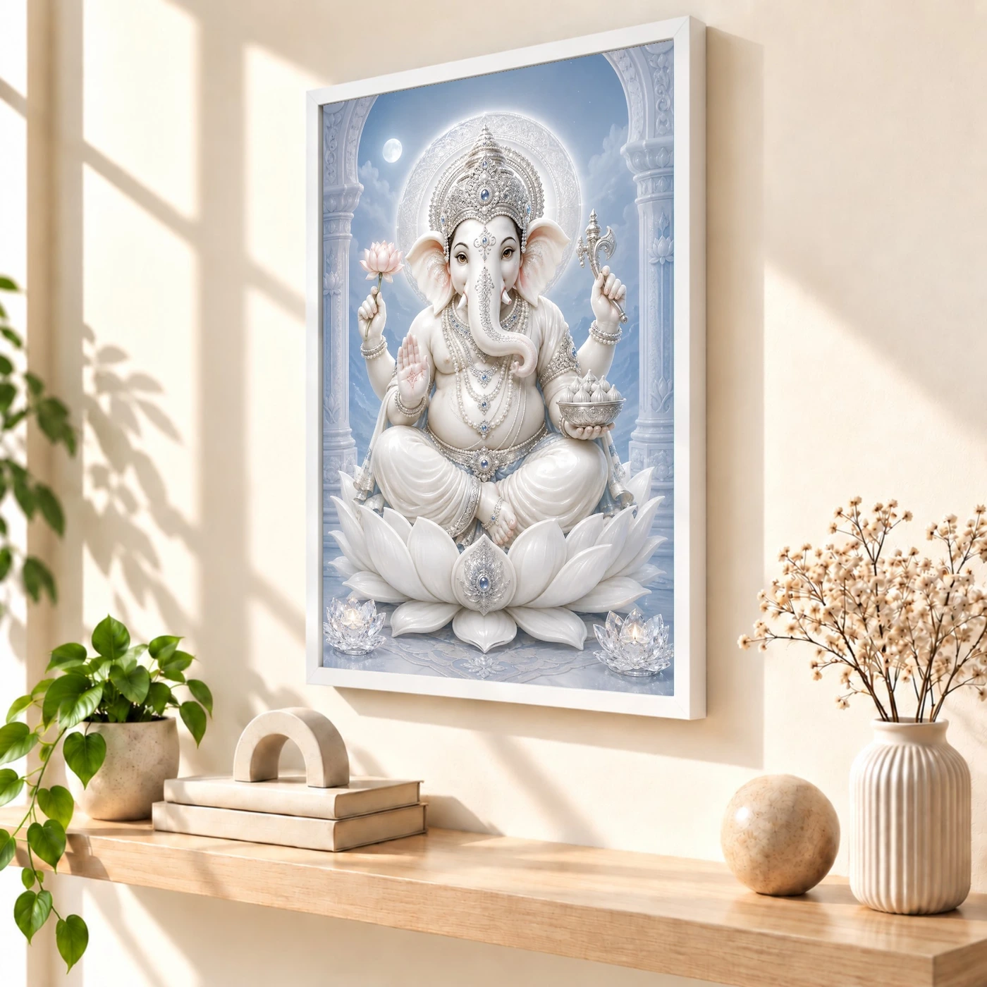 White Marble Ganesha — Silver Serenity Frame, view 7