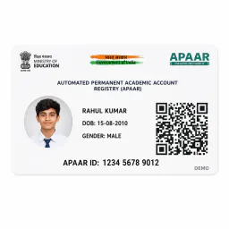 APAAR ID PVC card front with student photo, Automated Permanent Academic Account Registry heading, QR code and APAAR ID number