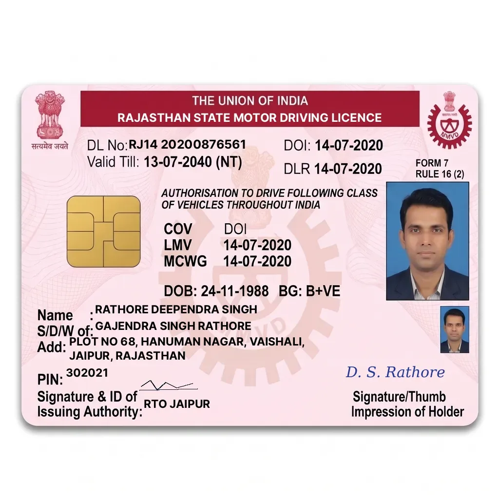 Rajasthan Driving Licence PVC Card