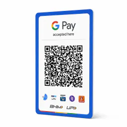 Blue-bordered Google Pay QR card shown at an angle