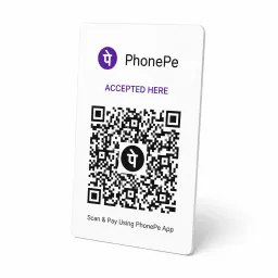 PhonePe QR code PVC card standing at an angle on a counter