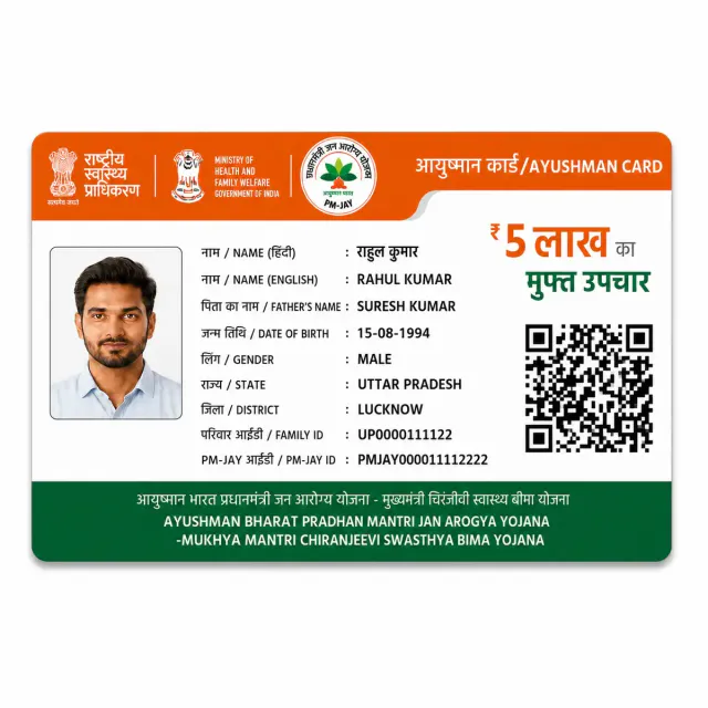 PMJAY PVC card front with scheme logos and the free treatment wording